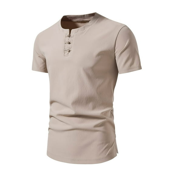 ZCFZJW Mens Cotton Henley T-Shirts Casual 1/4 Button up Short Sleeve Solid Color V Neck Plain Tees Shirt Big and Tall Regular Fit Pullover Tops Beige XXXXL