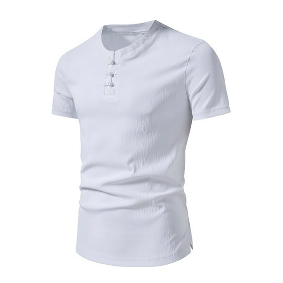 ZCFZJW Mens Cotton Henley T-Shirts Casual 1/4 Button up Short Sleeve Solid Color V Neck Plain Tees Shirt Big and Tall Regular Fit Pullover Tops White L
