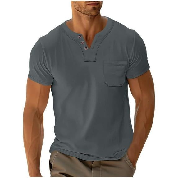 ZCFZJW Mens Cotton Henley T-Shirts Short Sleeve Button Regular Fit Casual Basic Solid Color Athletic Tees Work Shirts with Pockets Gray XXXL