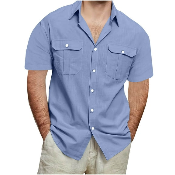 ZCFZJW Mens Cotton and Linen Shirts Big and Tall Regular Fit Casual Short Sleeve Button Down T-Shirts Loose Comfy Lapel Leisure Tshirt Tops with Double Pockets Z-Blue XXXL