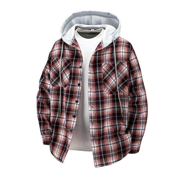 ZCFZJW Mens Cotton Plaid Splicing Hoodie Tops Loose Regular Fit Casual Fall Winter Sherpa Fleece Lined Warm Long Sleeve Flannel Drawstring Hooded Outwear Jacket with Pockets Red XL