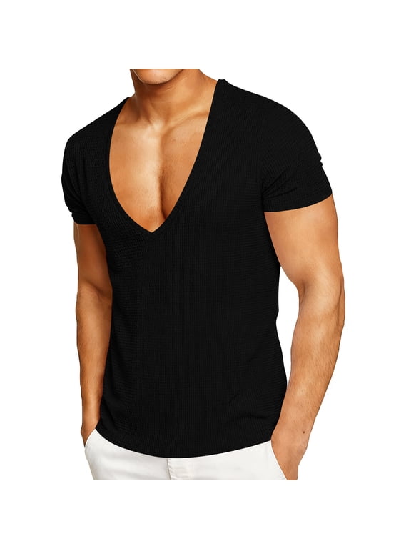 Mens Deep V-Neck Fitness T-Shirts Casual Waffle Knit Short Sleeve Tops Basic Solid Color Workout Tees Workout Tshirts Gym Athletic Undershirts Slim Fit Activewear Black XXXL