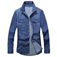thumbnail image 1 of ZCFZJW Mens Denim Shirt Long Sleeve Slim Fit Jean Shirt for Men Button Down Causal Striped Denim Collared Shirts with Pockets Dark Blue M, 1 of 9