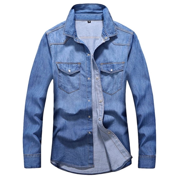 ZCFZJW Mens Denim Shirt Long Sleeve Slim Fit Jean Shirt for Men Button Down Causal Striped Denim Collared Shirts with Pockets Light Blue M