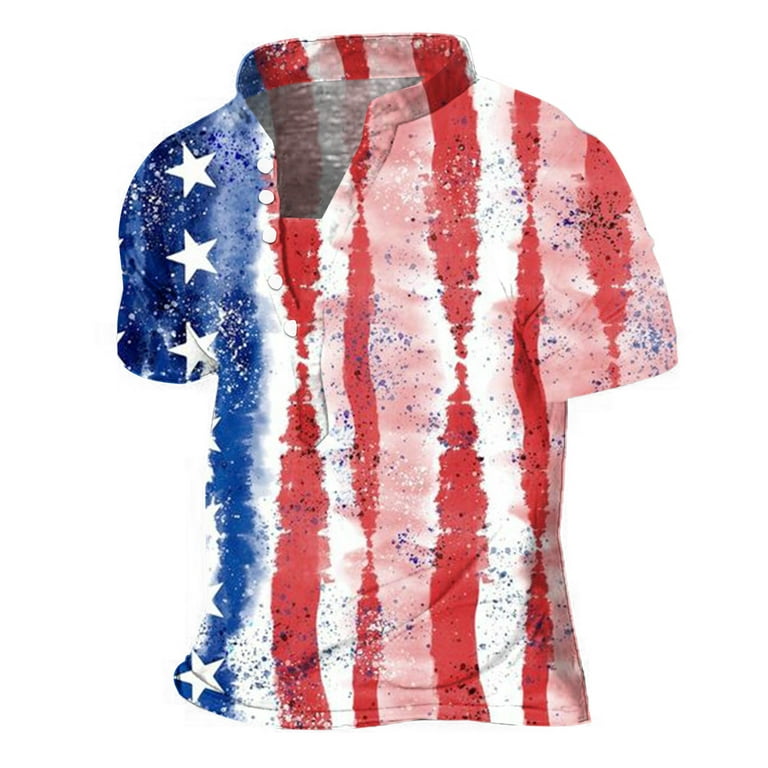 ZCFZJW Mens Distressed Henley Shirts Casual Summer Short Sleeve American  Flag Print Button Down V Neck Pullover Tshirt Tops Holiday Gift Tees Red  XXXL