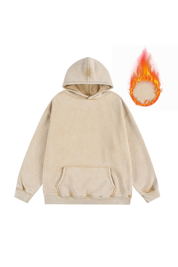 Mens Distressed Hoodie Tops Casual Fall Winter Sherpa Fleece Lined Long Sleeve Hooded Sweatshirts Basic Solid Color Acid Wash Pullover Top Beige M