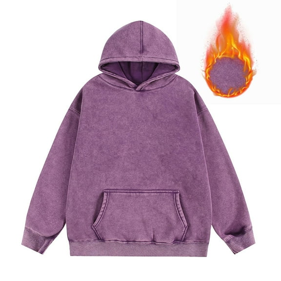 ZCFZJW Mens Distressed Hoodie Tops Casual Fall Winter Sherpa Fleece Lined Long Sleeve Hooded Sweatshirts Basic Solid Color Acid Wash Pullover Top Purple L
