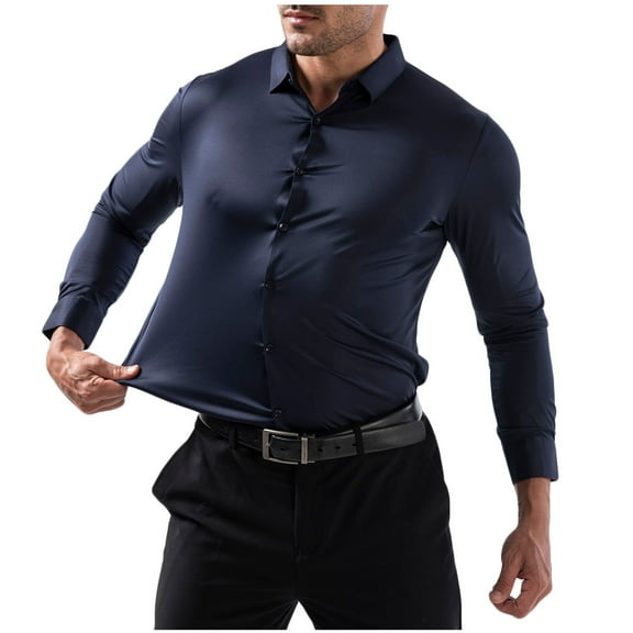 ZCFZJW Mens Dress Shirt Solid Satin Long Sleeve Business Casual Button Down Shirt with Pocket Stretch Wrinkle Free Wedding Dating Collared T-Shirt Tops Navy M