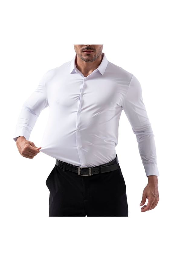 Mens Dress Shirt Solid Satin Long Sleeve Business Casual Button Down Shirt with Pocket Stretch Wrinkle Free Wedding Dating Collared T-Shirt Tops White M