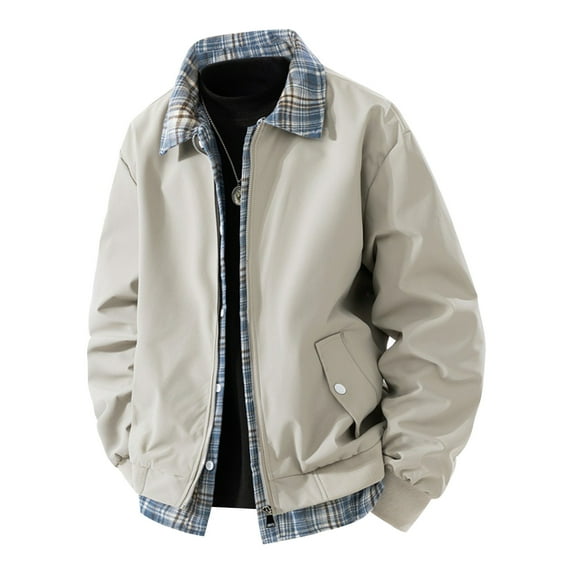 ZCFZJW Mens Fake Two-piece Golf Jacket Spring Fall Full Zip Lightweight Long Sleeve Windbreaker Casual Plaid Splicing Bomber Jacket with Pockets Beige L