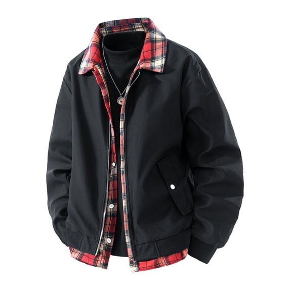 ZCFZJW Mens Fake Two-piece Golf Jacket Spring Fall Full Zip Lightweight Long Sleeve Windbreaker Casual Plaid Splicing Bomber Jacket with Pockets Black M