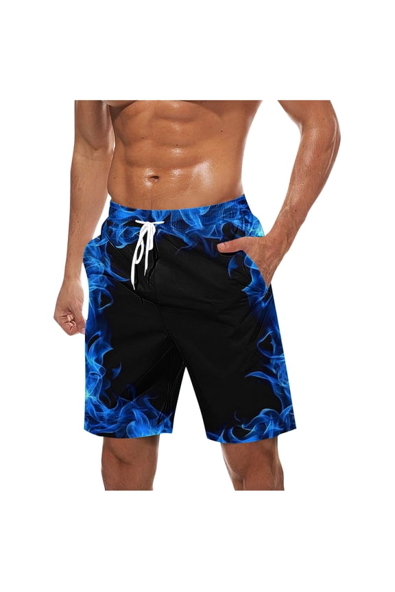 Mens Fashion 3D Flame Pattern Print Beach Shorts Lightweigth Casual Drawstring Elastic Waist Hawaiian Boardshorts Trendy Holiday Vacation Swim Trunks with Pockets Blue XXXL