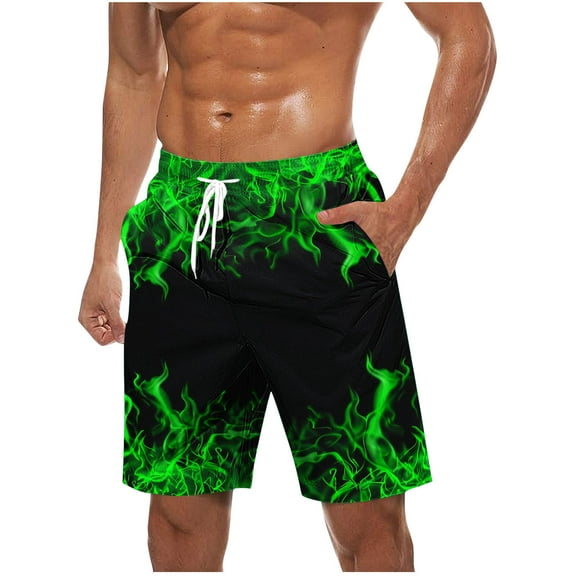ZCFZJW Mens Fashion 3D Flame Pattern Print Beach Shorts Lightweigth Casual Drawstring Elastic Waist Hawaiian Boardshorts Trendy Holiday Vacation Swim Trunks with Pockets Green L