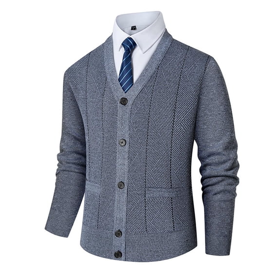 ZCFZJW Mens Fashion Button Down Sweaters Lightweight Casual Slim Fit Basic V Neck Cable Knit Long Sleeve Work Business Jackets with Pockets Gray XXXL