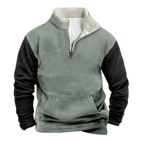 ZCFZJW Mens Fashion Color Block Fleece Sweatshirts Trendy Regular Fit Casual 1/4 Zip up Stand Collar Pullover Tops Trendy Fall Winter Warm Outwear Jacket with Pocket Gray L