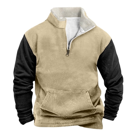 ZCFZJW Mens Fashion Color Block Fleece Sweatshirts Trendy Regular Fit Casual 1/4 Zip up Stand Collar Pullover Tops Trendy Fall Winter Warm Outwear Jacket with Pocket Beige XL