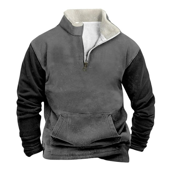 ZCFZJW Mens Fashion Color Block Fleece Sweatshirts Trendy Regular Fit Casual 1/4 Zip up Stand Collar Pullover Tops Trendy Fall Winter Warm Outwear Jacket with Pocket Dark Gray XXXL