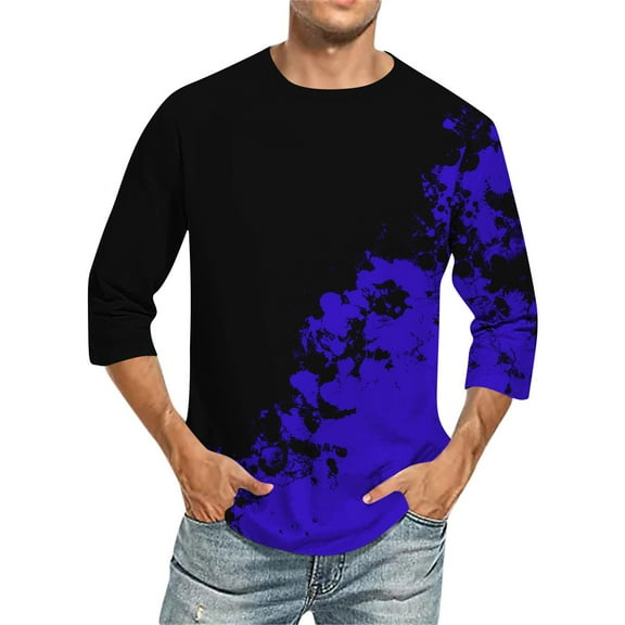 ZCFZJW Mens Fashion Cool T-Shirts Trendy Color Block Print Summer Half Sleeve Round Neck Graphic Tees Shirt Loose Regular Fit Soft Cotton Pullover Tops Blue XXL