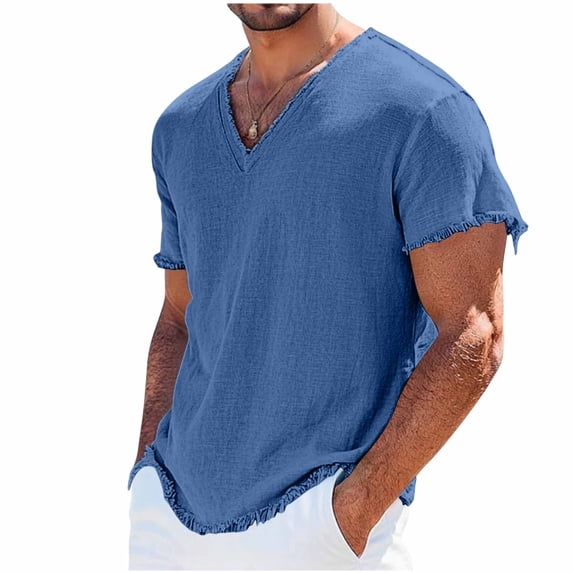 ZCFZJW Mens Fashion Cotton Linen Tops Casual Frayed Rage Summer Short Sleeve V Neck Basic Solid Color Athletic T-Shirts Loose Regular Fit Street Tees Tops Navy XXXXL