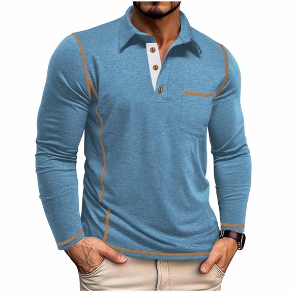 ZCFZJW Mens Fashion Golf Shirts Classic Striped Long Sleeve Basic Button Solid Color Tees Stylish Athletic Workout T-Shirts Tops with Pocket Light Blue#01 XL