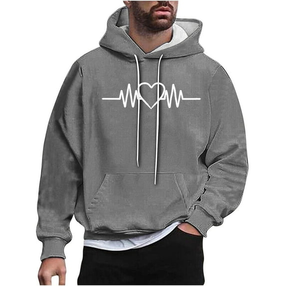 ZCFZJW Mens Fashion Hoodie and Sweatshirts Trendy ECG Heart Print Oversized Regular Fit Long Sleeve Drawstring Hooded Pullover Tops Lightweight Soft Cotton Pockets Outwear Coat Gray XXXL