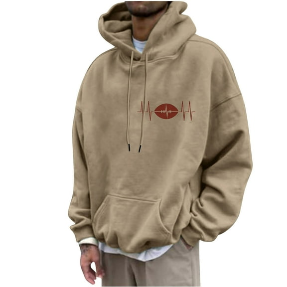 ZCFZJW Mens Fashion Hoodie Tops Trendy Rugball ECG Pattern Graphic Long Sleeve Drawstring Hooded Pullover Sweatshirts Lightweight Comfy Holiday T-Shirts with Pocket Khaki M