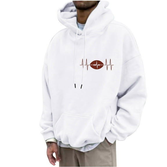 ZCFZJW Mens Fashion Hoodie Tops Trendy Rugball ECG Pattern Graphic Long Sleeve Drawstring Hooded Pullover Sweatshirts Lightweight Comfy Holiday T-Shirts with Pocket White XL
