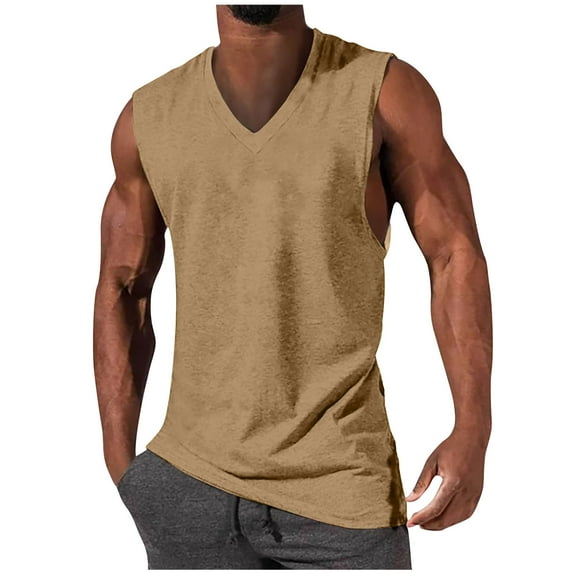 ZCFZJW Mens Fashion Pullover Tops Lightweight Casual Summer Solid Color Basic Sleeveless Round Neck Graphic Workout Tees Shirt Trendy Holiday Outfit Tanks Top Khaki L