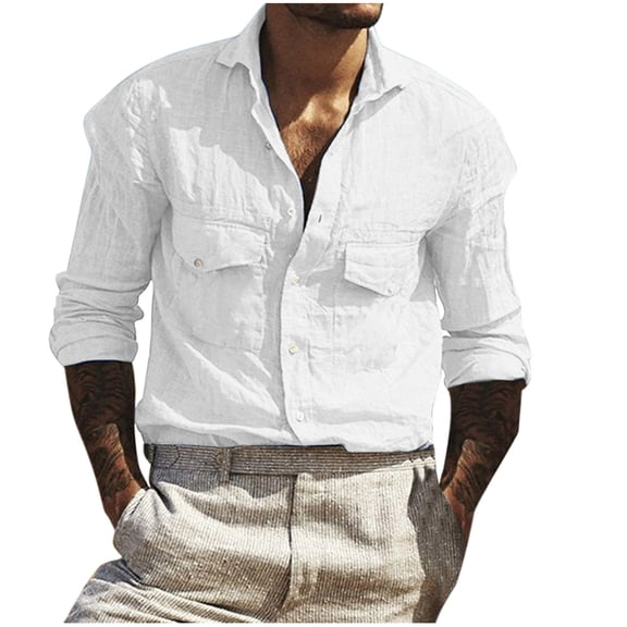 ZCFZJW Mens Fashion Regular Fit Cotton Shirts Casual Button Down Long Sleeve Solid Color Pullover T-Shirts Loose Lightweight Comfy Baggy Shirt with Pockets White M