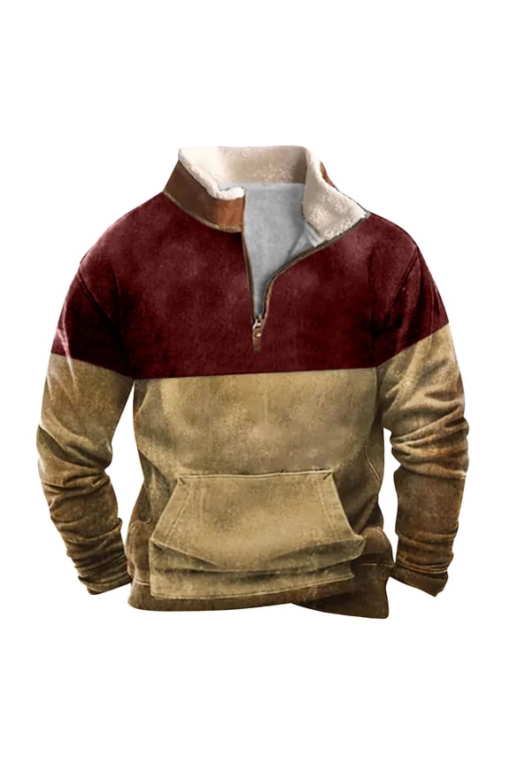 Mens Fashion Stand Collar Jackets Vintage Color Block Print Long Sleeve 1/4 Zip up Pullover Sweatshirts Loose Regular Fit Comfy Workout Outwear Coat with Pocket Beige L