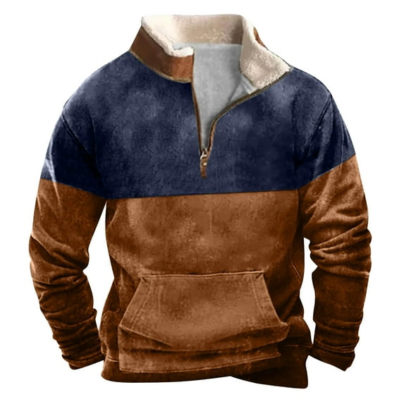 ZCFZJW Mens Fashion Stand Collar Jackets Vintage Color Block Print Long Sleeve 1/4 Zip up Pullover Sweatshirts Loose Regular Fit Comfy Workout Outwear Coat with Pocket Navy XXXXL