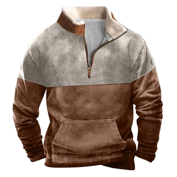ZCFZJW Mens Fashion Stand Collar Jackets Vintage Color Block Print Long Sleeve 1/4 Zip up Pullover Sweatshirts Loose Regular Fit Comfy Workout Outwear Coat with Pocket Khaki M