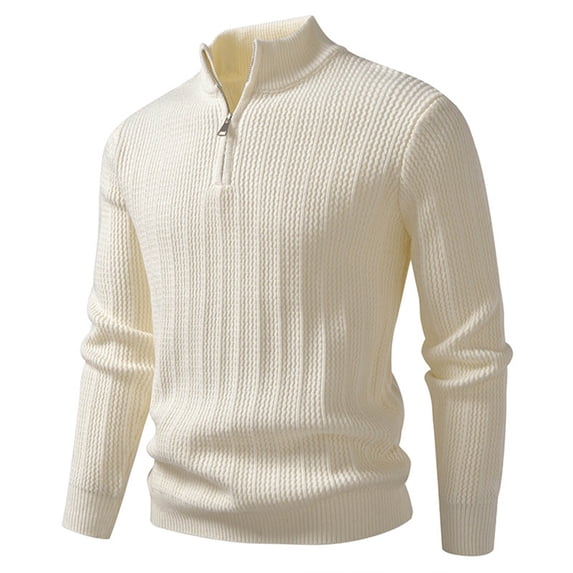 ZCFZJW Mens Fashion Sweaters Casual Fall Winter Thermal Warm Long Sleeve Quarter Zip up Stand Collar Pullover Tops Slim Fit Basic Elasticity Sweater Beige XXL