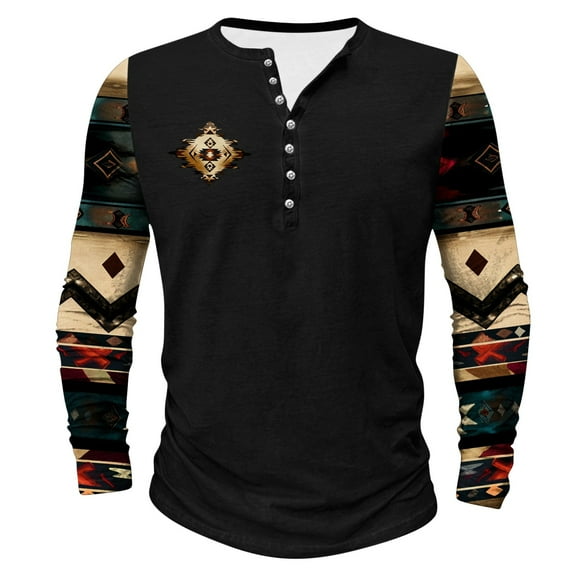 ZCFZJW Mens Fashion T-Shirts Casual Patchwork Print Long Sleeve Button up V Neck Graphic Henley Shirts Loose Regular Fit Comfy Workout Pullover Tops Black XXXL