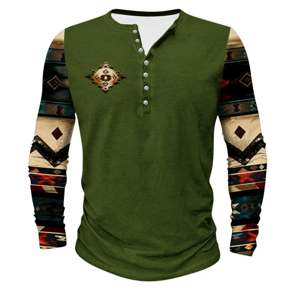 ZCFZJW Mens Fashion T-Shirts Casual Patchwork Print Long Sleeve Button up V Neck Graphic Henley Shirts Loose Regular Fit Comfy Workout Pullover Tops Green L