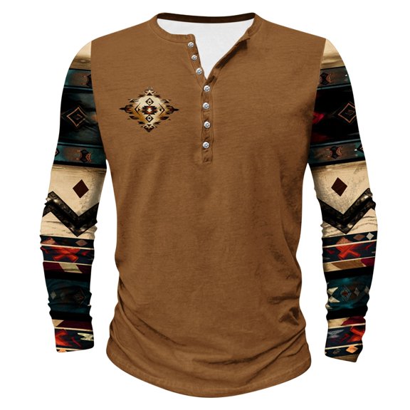 ZCFZJW Mens Fashion T-Shirts Casual Patchwork Print Long Sleeve Button up V Neck Graphic Henley Shirts Loose Regular Fit Comfy Workout Pullover Tops Khaki L