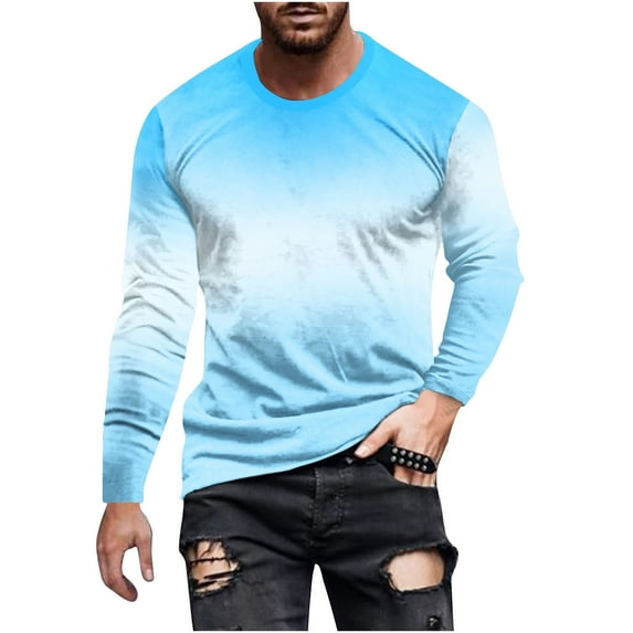 ZCFZJW Mens Fashion T-Shirts Casual Regular Fit Big and Tall Graphic Long Sleeve Tops Plus Size Gradient Tie Dye Print Crewneck Basic Workout Tees Sweatshirt Sky Blue XXXXXL