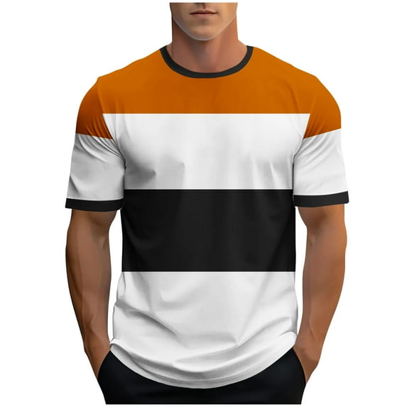 ZCFZJW Mens Fashion T-Shirts Casual Striped Color Block Printed Summer Short Sleeve Basic Crewneck Workout Tees Shirt Orange XL