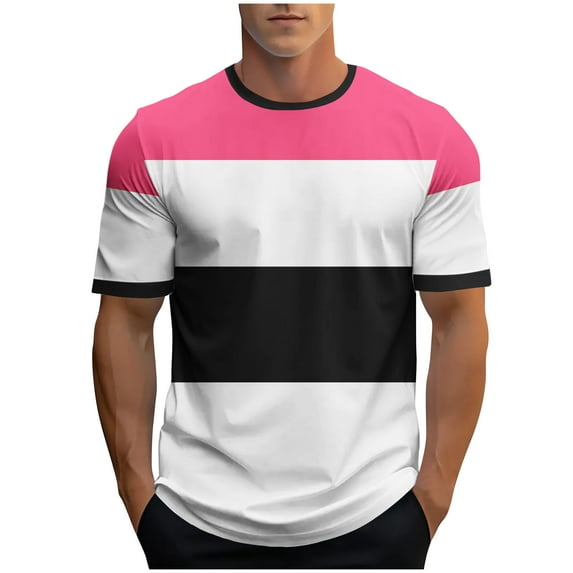 ZCFZJW Mens Fashion T-Shirts Casual Striped Color Block Printed Summer Short Sleeve Basic Crewneck Workout Tees Shirt Pink XXXL