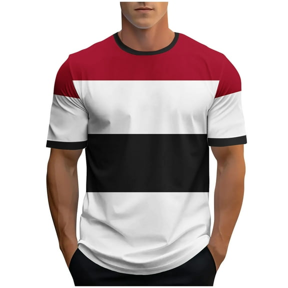 ZCFZJW Mens Fashion T-Shirts Casual Striped Color Block Printed Summer Short Sleeve Basic Crewneck Workout Tees Shirt Red XL