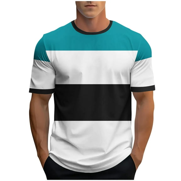 ZCFZJW Mens Fashion T-Shirts Casual Striped Color Block Printed Summer Short Sleeve Basic Crewneck Workout Tees Shirt Sky Blue XXL
