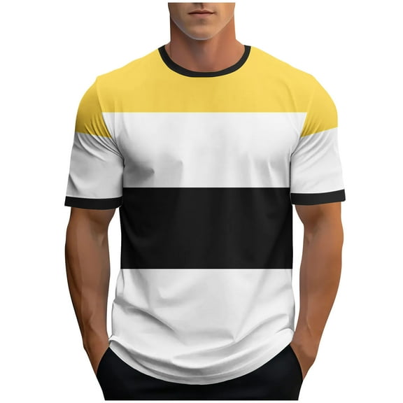 ZCFZJW Mens Fashion T-Shirts Casual Striped Color Block Printed Summer Short Sleeve Basic Crewneck Workout Tees Shirt Yellow XL