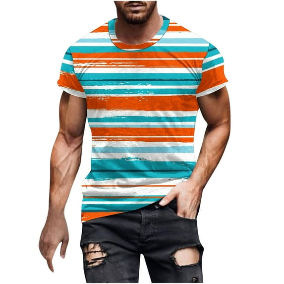 ZCFZJW Mens Fashion T-Shirts Casual Striped Print Summer Short Sleeve Round Neck Graphic Tees Shirt Tops Big and Tall Regular Fit Pullover Multicolor XL