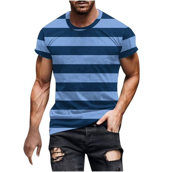 ZCFZJW Mens Fashion T-Shirts Casual Striped Print Summer Short Sleeve Round Neck Graphic Tees Shirt Tops Big and Tall Regular Fit Pullover Blue XL