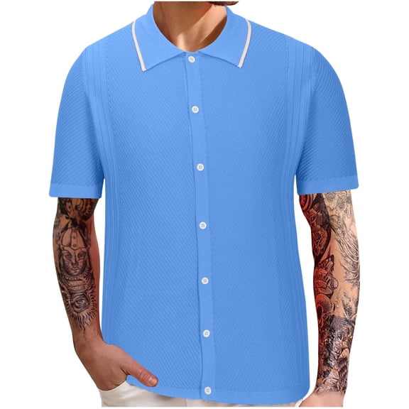 ZCFZJW Mens Fashion T-Shirts Casual Summer Solid Color Button Down Short Sleeve Plain Tees Shirt Tops Loose Lightweight Soft Comfy Hawaiian Holiday Tshirt Blue XXL