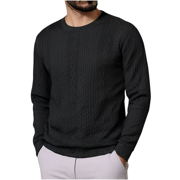 ZCFZJW Mens Fashion Texture Sweaters Casual Long Sleeve Cable Knit Crewneck Pullover Jumper Tops Loose Lightweight Comfy Thick Knitwear Shirts Black M