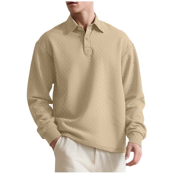 ZCFZJW Mens Fashion Textured Knitted Long Sleeve Sweatshirts Lightweight Casual Thermal Lapel Collared Quarter Button Up Pullover Sweaters Tops Khaki XXXL