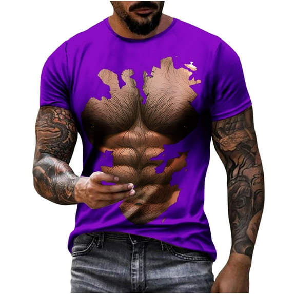 ZCFZJW Mens Fashion Tops Cute Summer Short Sleeve 3D Novelty Fake Abs Pattern Graphic T-Shirts Trendy Short Sleeve Big and Tall Workout Tees Shirt Purple XXXL