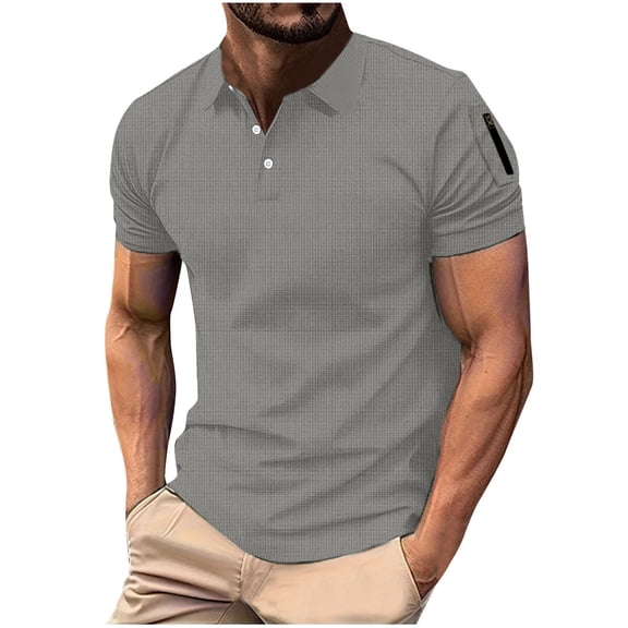ZCFZJW Mens Fashion Waffle Knit Polo Shirts Casual Lapel Collar Button V Neck Henley T-Shirts Loose Lightweight Comfy Solid Color Pullover Tops Gray S