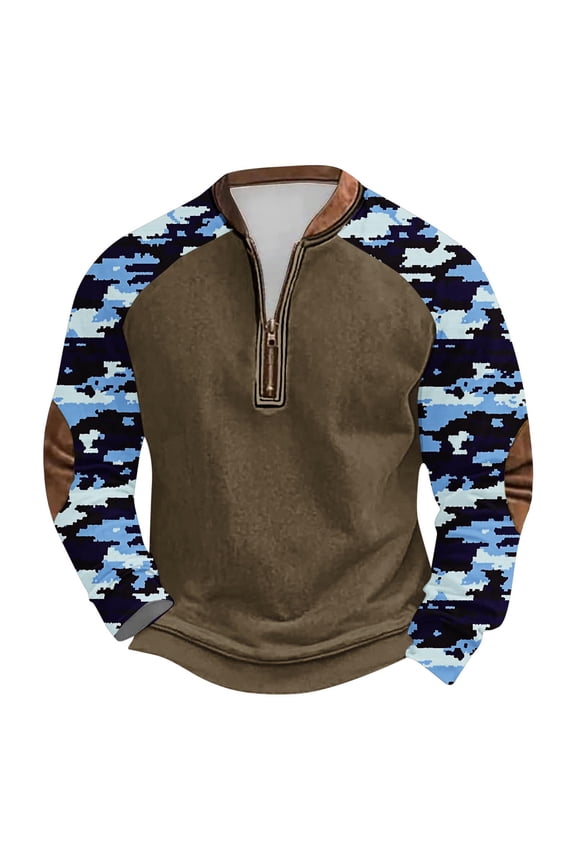 Mens Fashon Splicing Sweatshirts Casual Long Sleeve Camo Patchwork Half Zip up Pullover Tops Lightweight Comfy Outwear Jacket Shirts M
